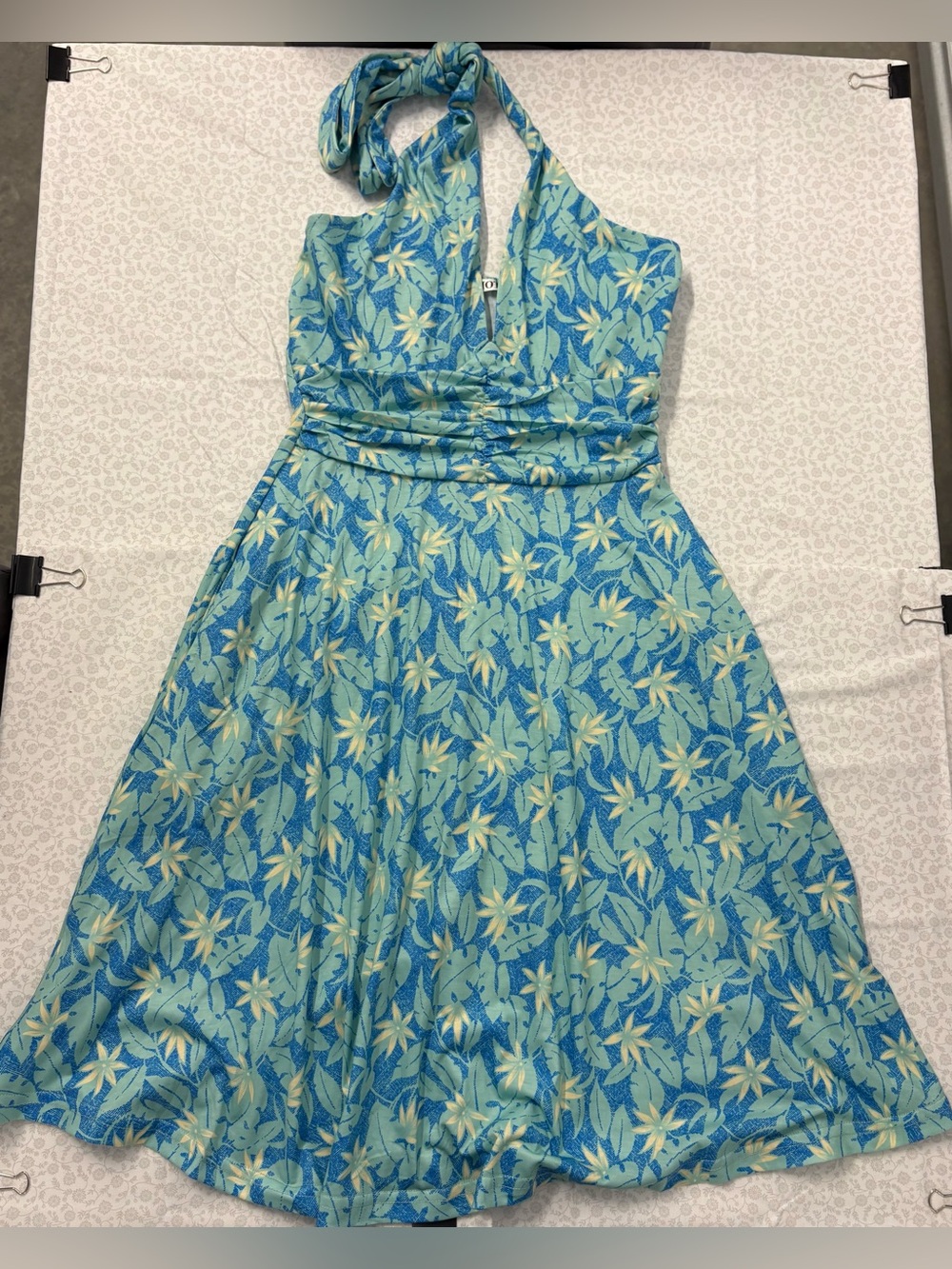 Y2K Retro Tropical HUHOT Halter Dress Ocean Blue Ruched Beach Vacation Sundress